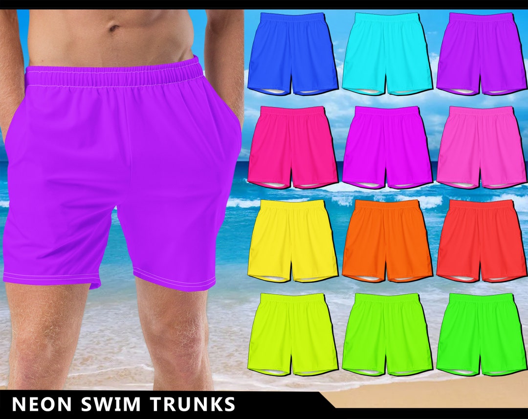 Mens Neon Swim Trunks 1 Solid Colors Glow Party Blue Cyan Etsy