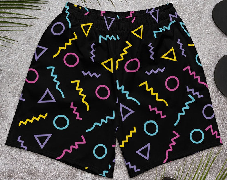 Mens Athletic Shorts - Retro #7 - Memphis Neon Paint Geometric Triangles Lines Bold 80s 90s Abstract Art Hot Summer Fashion Gift 