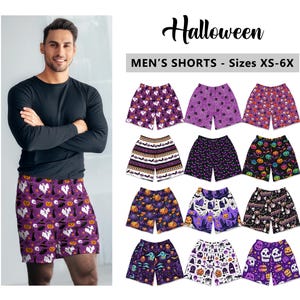 Men&#39;s Halloween Athletic Shorts #2 - Purple Pumpkins Black Cat Ghost Skulls Witches Bats Fall Fun Cute Party Gift