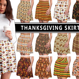 Thanksgiving Skirt #1 - Happy Turkey Day Pumpkins Plaid Stripes Dinner Party Pilgrim Hat Fall Fashion Holiday Skater Circle Skirt Gift