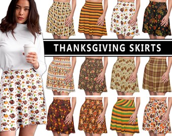 Thanksgiving Skirt #1 - Happy Turkey Day Pumpkins Plaid Stripes Dinner Party Pilgrim Hat Fall Fashion Holiday Skater Circle Skirt Gift