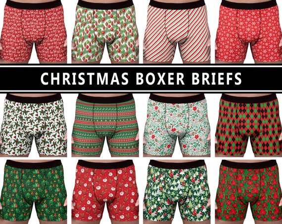 Men's Christmas Boxer Briefs 1 Underwear Santa Candy Cane Ornament Tree  Holly Poinsetta Diamond Reindeer Presents Red Green Fashion Gift 