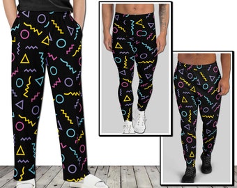 Mens Pants - Retro #7 - Athletic Leggings Joggers Memphis Neon Paint Geometric Triangles Lines 80s 90s Abstract Fashion Gift