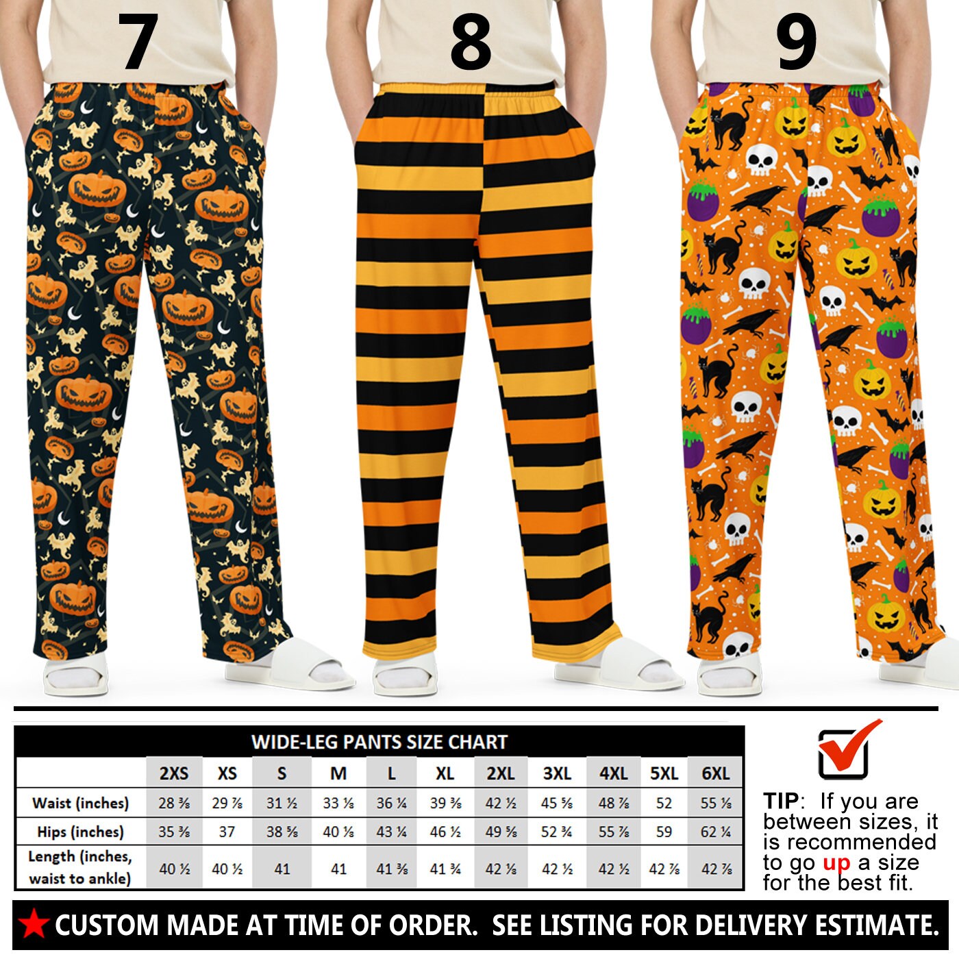 Men's Halloween Pants 1 Wide Leg Pumpkins Stripes Bats Orange Gingham