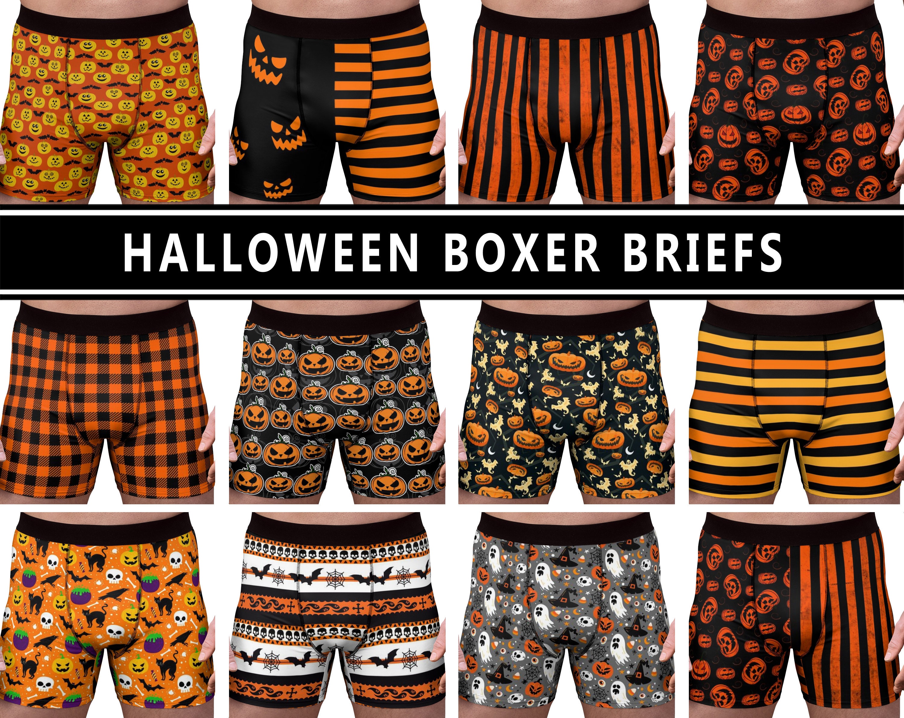Men's Halloween Boxer Briefs 1 Underwear Pumpkins Stripes Bats Orange  Gingham Jack O Lantern Scary Fun Fashion Goth Costume Party Gift 