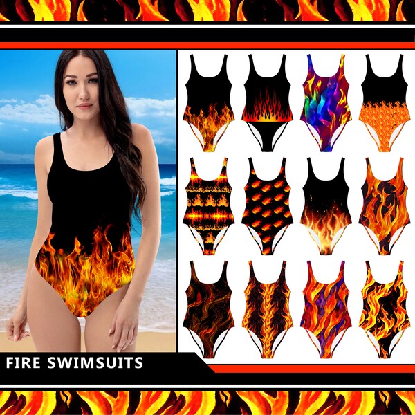 Women's Fire Flames Swimsuit #1 - One Piece Tank Swimsuit - Bathing Suit Fiery Flaming Flames Firefighter Fireman Girl on Fire Hot Swimwear