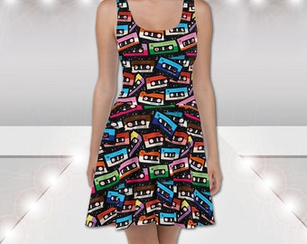 Retro #3 - Skater Dress - Bodice & Flared Skater Skirt - Cassette Tapes Pop Music 70s 80s 90s Rock n Roll Hot Cute  Cocktail Party Gift