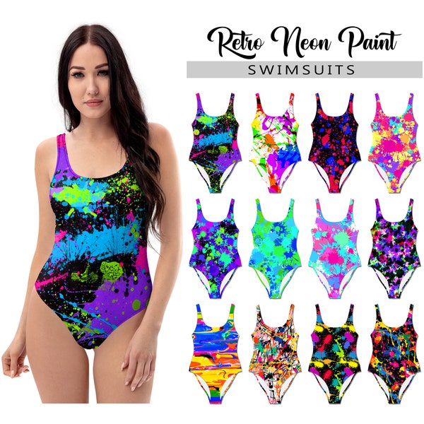 Women's Retro Swimsuit #1 - One Piece Tank Swimsuit - Bathing Suit Neon Paint Splatter 80s 90s Abstract Art Fashion Glow Party Swimwear Gift