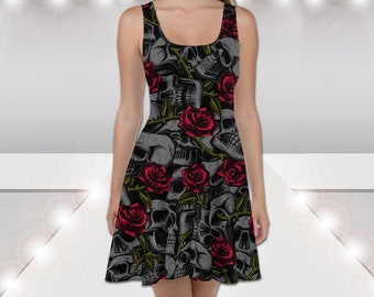 Gothic #2a - Skater Dress - Bodice & Flared Skater Skirt Skulls Red Roses Skull Goth Horror Scary Macabre Dark Hot  Cocktail Party Gift