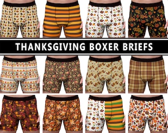 Men's Thanksgiving Boxer Briefs #1 - Underwear Happy Turkey Day Pumpkins Plaid Stripes Family Dinner Party Pilgrim Hat Fall Fashion Gift