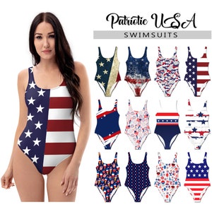 Women's Patriotic Swimsuit #1 - One Piece Tank Swimsuit - Bathing Suit American Flag 4th of July Memorial Day Stars & Stripes USA Swimwear