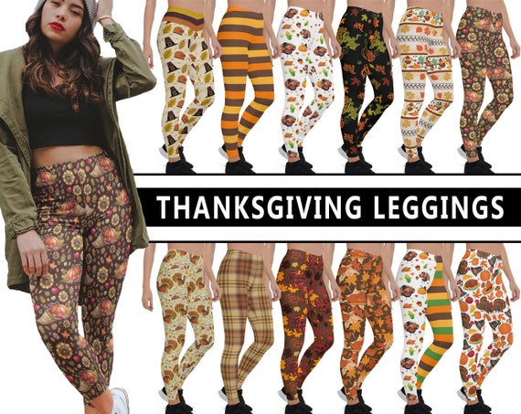 Thanksgiving Leggings 1 Womens Athletic Happy Turkey Day Pumpkins Plaid  Stripes Family Dinner Party Pilgrim Hat Fall Fashion Gym Gift 