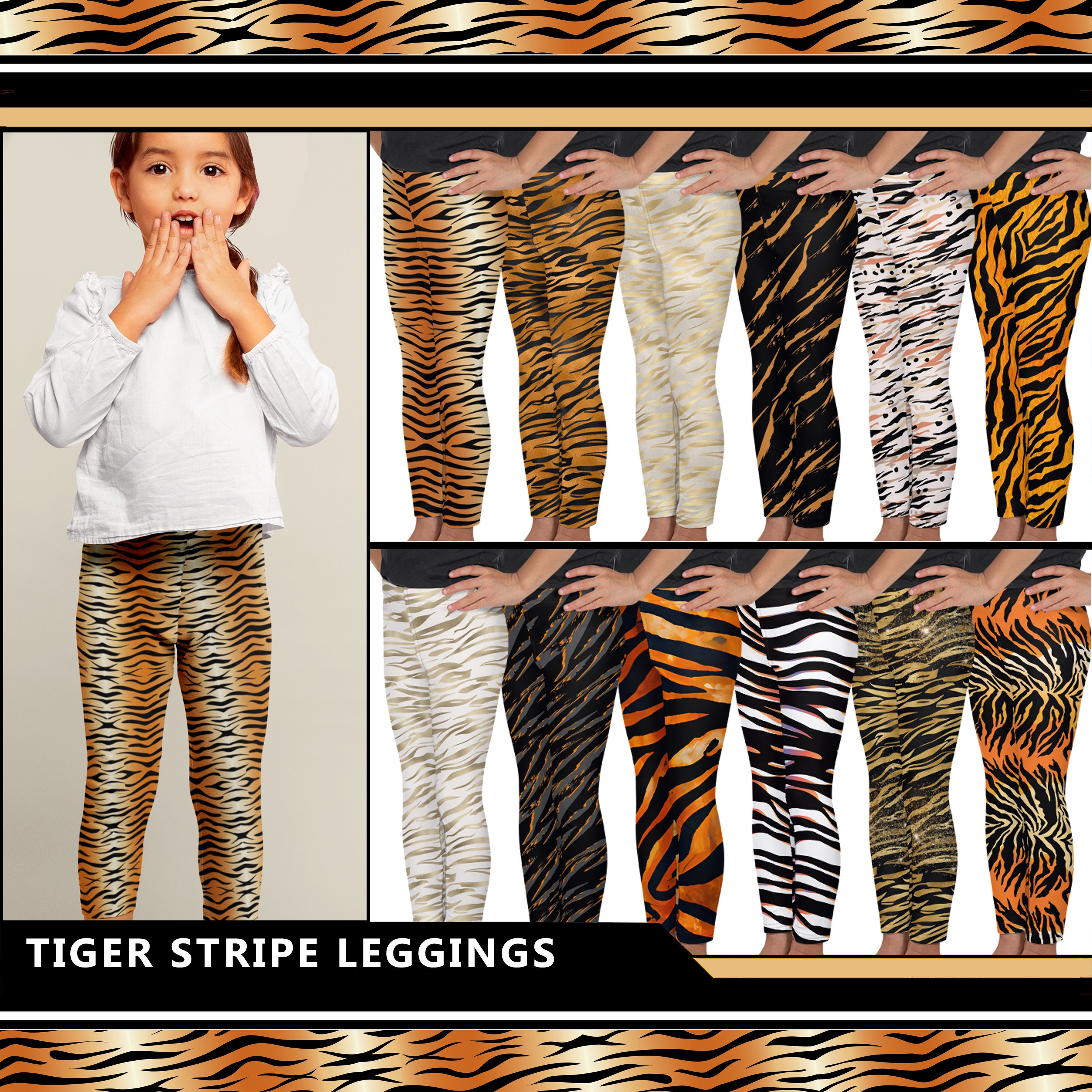 Yellow Tiger Striped Kid's Leggings, Animal Print Premium Fashion Tights  For Boys Girls-Made in USA | Heidikimurart Limited