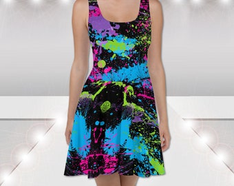 Retro #1 - Skater Dress - Bodice & Flared Skater Skirt - Neon Paint Splatter 80s 90s Abstract Art Hot Cute  Cocktail Party Gift