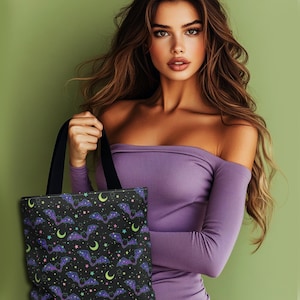Gothic Bats Tote Bag #6, Flying Bats Bag, Dark Aesthetic Tote, Spooky Canvas Bag, Macabre Fashion Accessory, Black Halloween Bag, Goth Tote