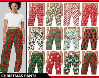 Women's Christmas Pants #1 - Wide Leg - Santa Candy Cane Ornament Tree Holly Poinsetta Reindeer Presents Red Green Christian Holiday Gift