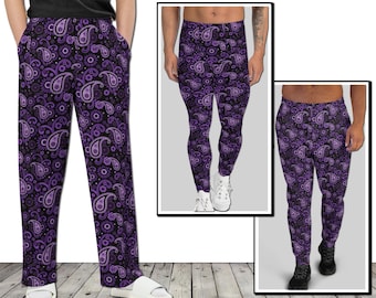 Mens Pants - Paisley #1 - Athletic Leggings Joggers Fashion Purple Paisley Retro 60s 70s 80s 90s Floral Art Design Gift