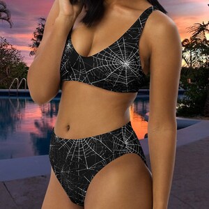 Gothic 3 High Waisted Bikini Bathing Suit Spider Web Gothic Goth Scary Horror Halloween Dark Black Hot Summer Fashion Gift image 1