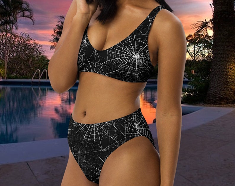 Gothic 3 High Waisted Bikini Bathing Suit Spider Web Gothic Goth Scary Horror Halloween Dark Black Hot Summer Fashion Gift image 1