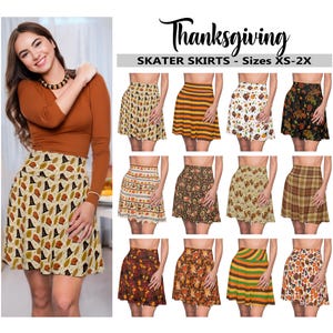 Thanksgiving Skater Skirt #1-  Pumpkin Skirt, Happy Turkey Dinner Party Skirt, Pilgrim Hat Skirt, Fall Fashion Holiday Circle Skirt