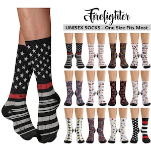 Firefighter Crew Socks #1 - Unisex - Premium Quality - Thin Red Line American Flag Fire Fireman First Responder Hero Fun Footwear Gift