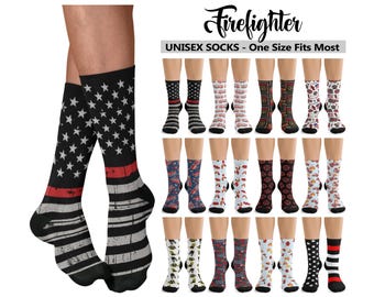 Firefighter Crew Socks #1 - Unisex - Premium Quality - Thin Red Line American Flag Fire Fireman First Responder Hero Fun Footwear Gift