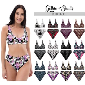 Women&#39;s Gothic Skulls Bikinis #1 - High Waisted Bikini - Bathing Suit Skulls Red Roses Goth Horror Dark Wiccan Halloween Scary Swimwear Gift