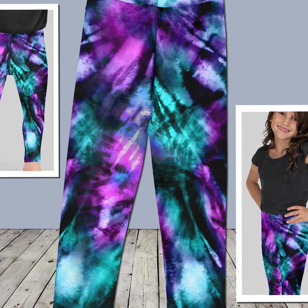 Kids Leggings - Tie Dye #1 - Boys Girls Baby Toddler Teen Purple Teal Black Retro 60s 70s 80s 90s Abstract Design Cute Party Outfit Gift