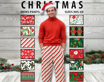 Pantalon de Noël homme n°1 - Pantalon large - Père Noël avec décoration en canne de bonbon Holly Poinsetta losanges Renne présente un cadeau de salon collant