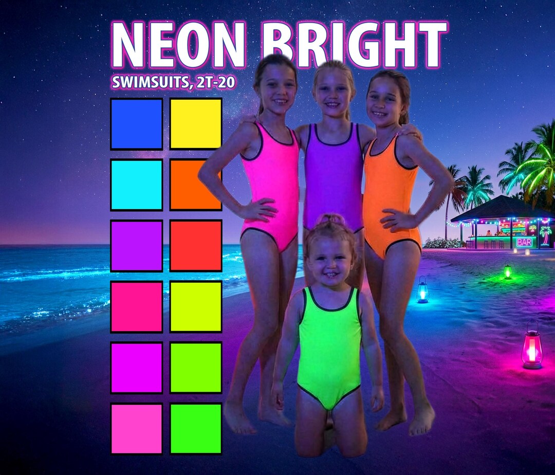 Girls Neon One Piece Swimsuit - Fuchsia Lime Hot Pink Kids Tank Suit #1 ...