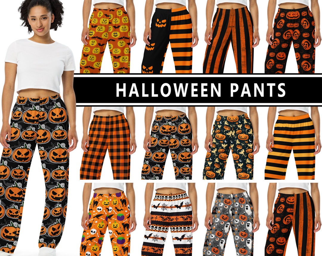 Women's Halloween Pants 1 Wide Leg Pumpkins Stripes Etsy