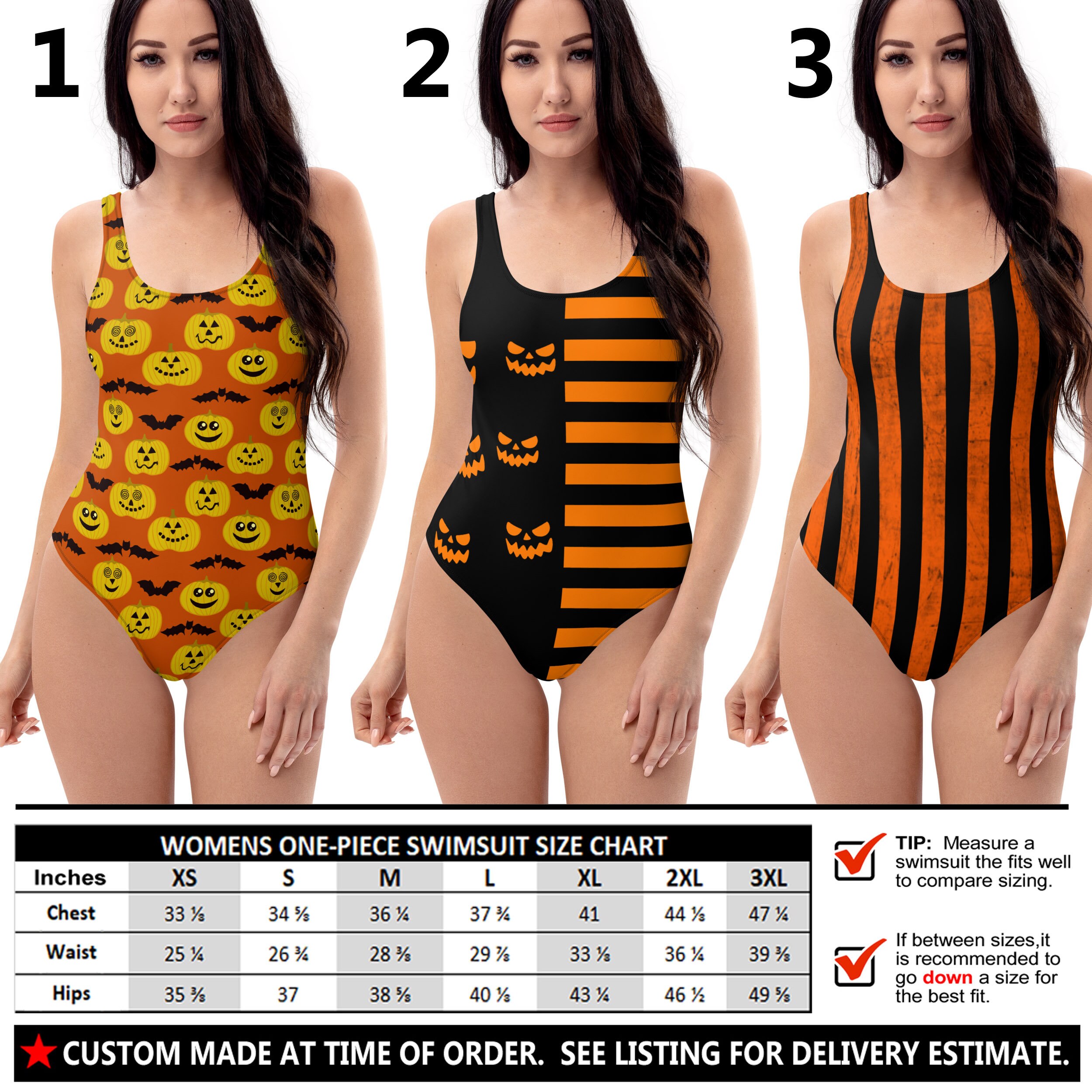 Girls Purple Jack-O'-Lantern Faces Halloween Swimsuit