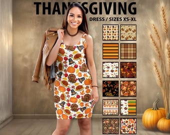 May include: A sleeveless dress featuring a white background with a repeating pattern of turkeys, pumpkins, apples, and pilgrim hats. The text THANKSGIVING DRESS / SIZES XS-XL is visible above a grid of ten additional fabric pattern swatches.