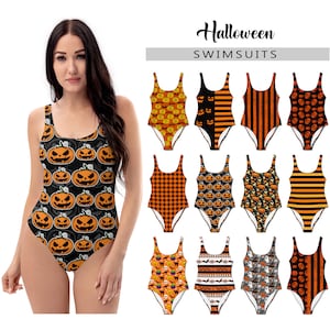 Women&#39;s Halloween Swimsuit #1 - One Piece Tank Swimsuit - Bathing Suit Pumpkins Bats Orange Gingham Jack o Lantern Costume Party Swimwear