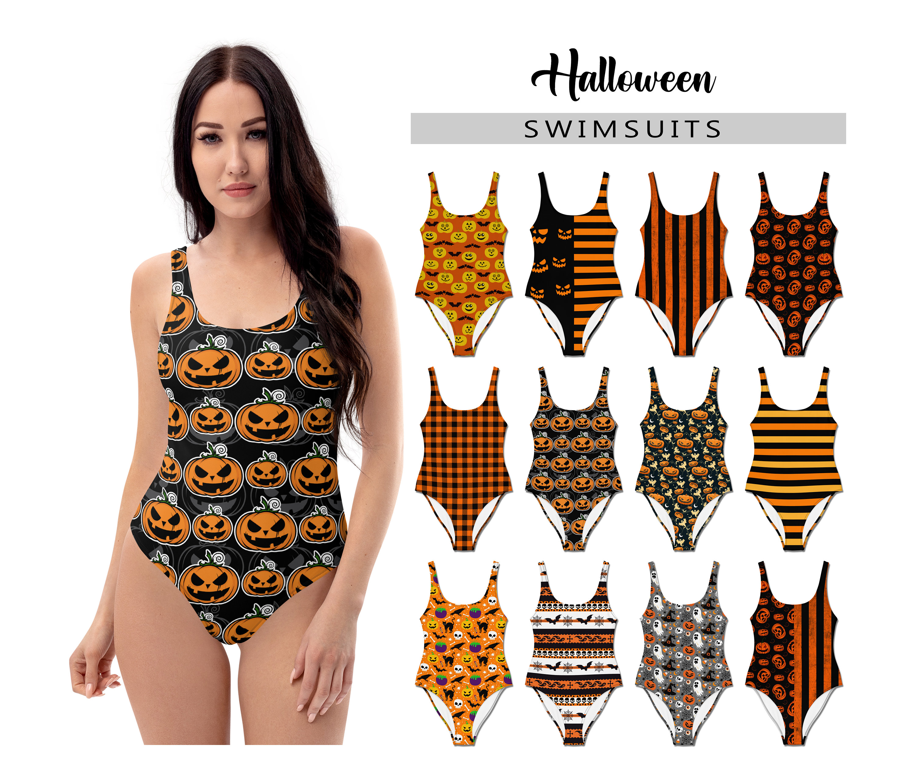 Women s Halloween Swimsuit 1 One Piece Tank Swimsuit Bathing Suit Pumpkins Bats Orange Gingham Jack O Lantern Costume Party Swimwear Etsy