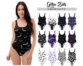 Women's Gothic Bats Swimsuit #4 - One Piece Tank Swimsuit - Bathing Suit Goth Halloween Black White Bats Scary Horror Witch Swimwear Beach