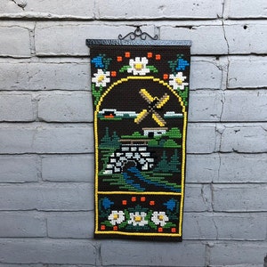Vintage Embroidered Scandinavian Decorative Cross Stitch Tapestry /Wall Hanging Windmill / Bridge / Flowers  Swedish Embroidery  / Hand Made