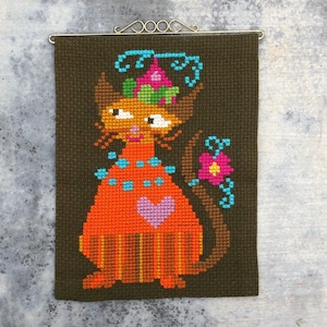 Vintage Embroidered Scandinavian Decorative Tapestry / Wall Hanging - Retro Cat - Swedish Embroidery  / Hand Made Home Decor