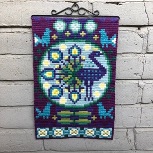Vintage Embroidered Scandinavian Decorative Tapestry / Wall Hanging Peacock - Swedish Embroidery  / Hand Made Home Deor