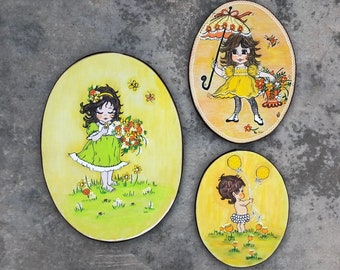 Vintage Hand Painted Canvas Wall Hangings - Set of 3 for Children's Room