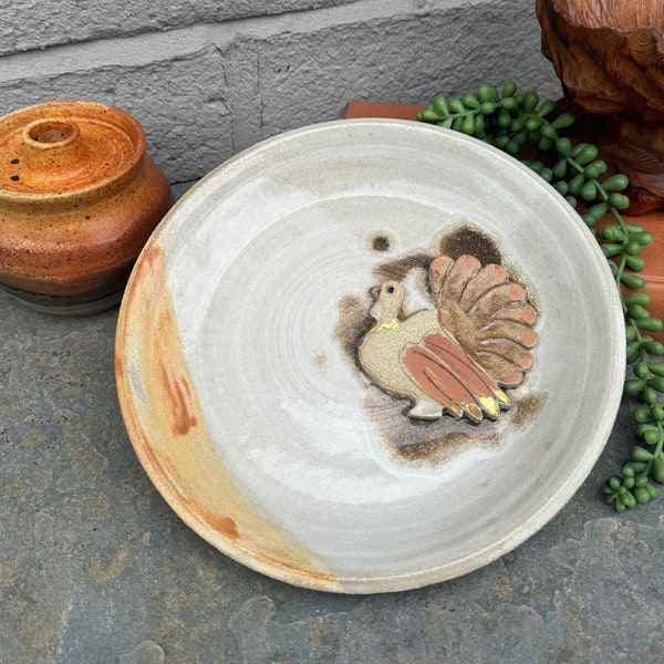 Stoneware Studio Pottery Plate - Applied Turkey - Glazed Ceramic Catch All/Small Serving Plate -Boho /Eclectic Home Decor-Thanksgiving Decor