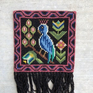 Vintage Embroidered Scandinavian Decorative Tapestry / Wall Hanging Parrot / Flowers Twist Stitch Swedish Embroidery  / Hand Made Home Deor