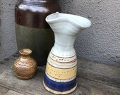 Stoneware Pottery Vase Jug - Striped - White, Yellow Beige and Blue - Rustic Boho Farm House Country Cottage Chic Eclectic