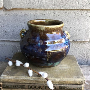 Vintage Stoneware Studio Pottery Bowl / Pot / Planter / Vessel With Small Handles - Hand Thrown - Glazed Brown and Blue - Eclectic / Boho