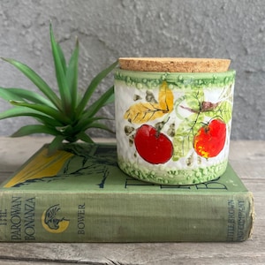 Puede incluir: Un tarro de cerámica con tapa de corcho, que presenta un diseño pintado a mano de manzanas rojas y hojas verdes sobre un fondo blanco. El tarro está colocado encima de un libro verde con el título "The Parowan Bonanza" de B.M. Bower.