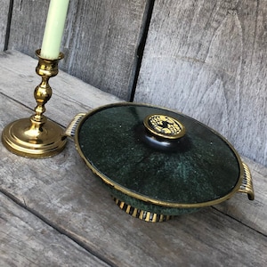 Mid Century Israeli Brass / Green Footed / Pedestal Bowl / Dish With Fish on Lid Knob, by Dayagi, Made in Israel - Judaica