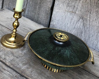Mid Century Israeli Brass / Green Footed / Pedestal Bowl / Dish With Fish on Lid Knob, by Dayagi, Made in Israel - Judaica