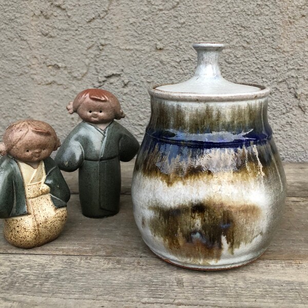 Vintage Steinzeug Keramik Kanister/Lagerung Jar-blau/Erde Farben-Vintage Keramik Küche/Badezimmer Container-Trinket Jar w Lid-Boho Dekor