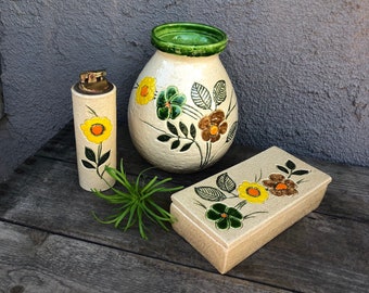 Mid Century Aldo Londi Bitossi Italian Stoneware Pottery For Rosenthal Netter Ceramic Vase / Cigarette Box /Lighter-258-Floral Pattern-Italy