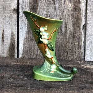 Roseville Sneewbes groene trompet/de vaas van de hoorn des overvloed ICC-6 Vintage/1940 &#39;s-Vintage keramische vaas-Inwijdingsfeest gift